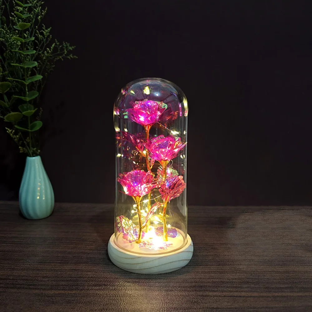 

Romantic Artificial Rose Light Luminous 3 Heads Rose Eternal Rose Lamp with Acrylic Cover Simulation LED Flower Light