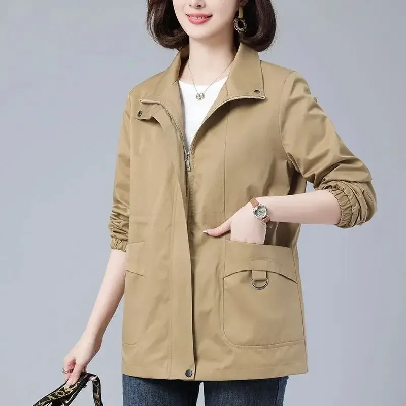 

Mom Outfit Spring and Autumn New Stand Collar Trench Solid Color Zipper Pockets Girdle Loose Leisure Versatile Long-sleeved Coat