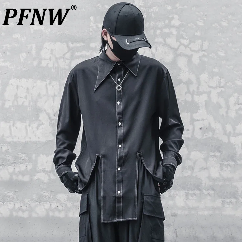 PFNW Dark New Men\'s Shirts Irregular Slit Peaked Lapel Long Sleeve Single Breasted Solid Color Male Tops Autumn 2024 12C449