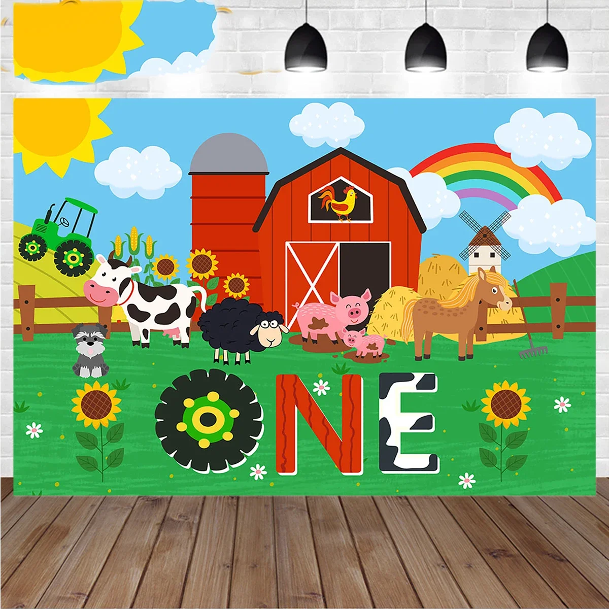 7X5FT Red Barn Farm Cow Baby Vaca Cottage Happy One Birthday Tractor Gear Custom Photo Backdrop Background Vinyl 220cm X 150cm