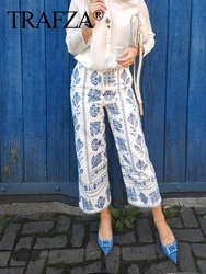 TRAFZA 2024 Female Wide Leg Pants Blue Print Mid-Rise Embroidery Decorate Pockets Button Zipper Summer Pants Woman Trendy TRAF