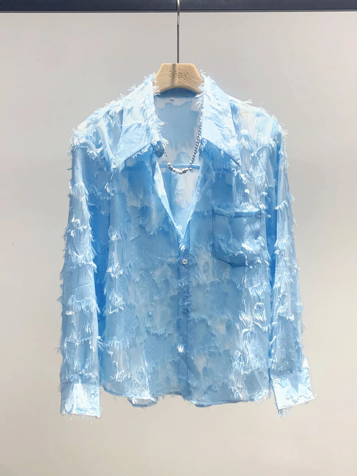 New Men's Shirt Tassel Hollow Design Net Lace Thin Summer See-through Loose Shoulder Pad Flower Top Breathable Long Sleeve Shirt