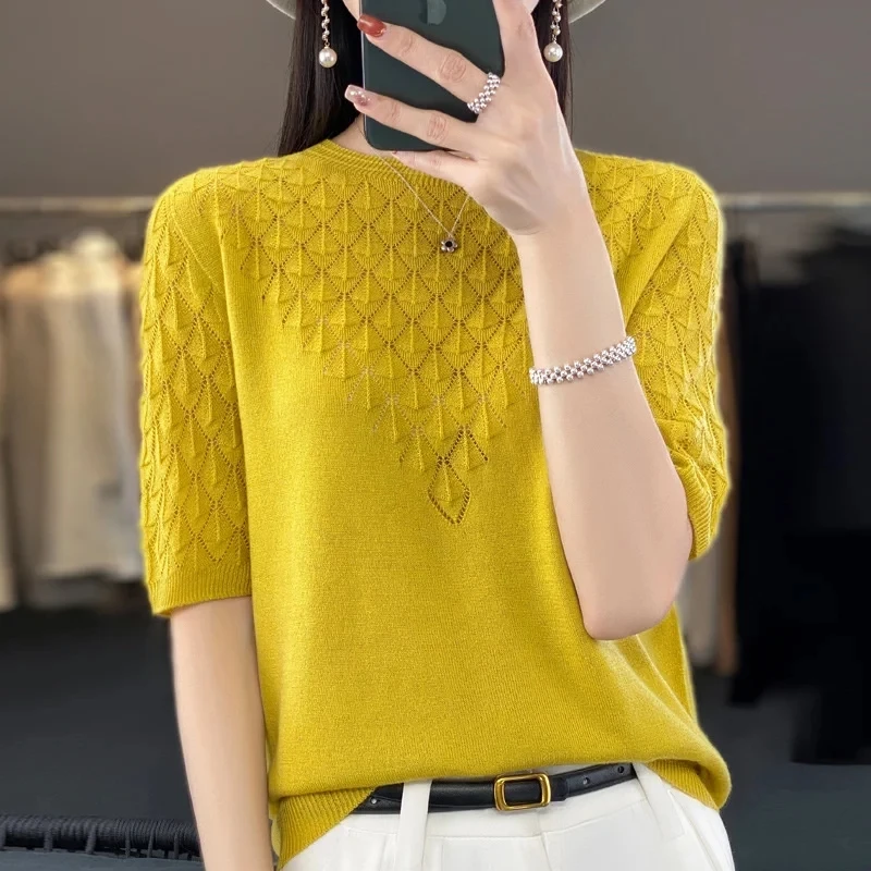 Summer Hollow Ice Silk knitted Short Sleeved T-Shirt Women\'s Thin Loose Round Neck Pullovers Knitted Sweater Female Jumper Top