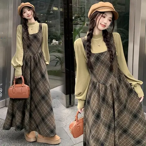 Damski Jesienno-Zimowy Styl Preppy Vintage Krata Sukienka Tank Top Podkoszulek Dwuczęściowy Zestaw 2025 Nowe Koreańskie Koszule Sukienki Garnitury