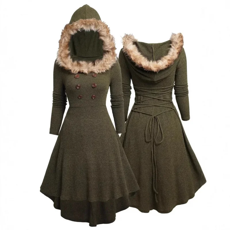 Christmas Women's Dress Autumn Winter Retro Green Lace Up Button Long Sleeve Plush Thickened Patchwork Hooded Party Evening Gown