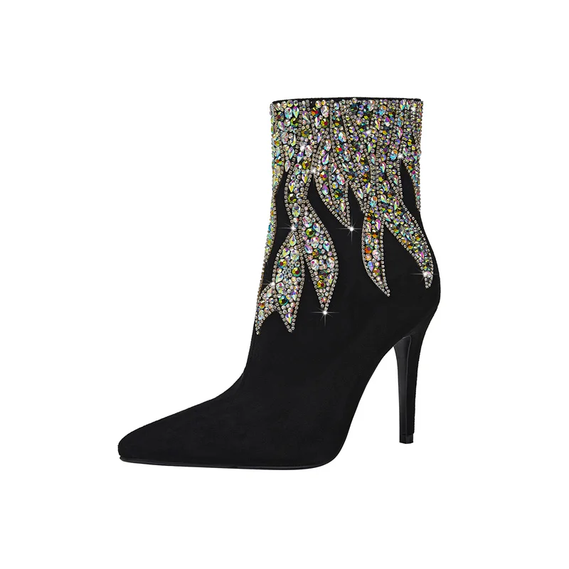 European and American sexy rhinestone flame side zipper slim high heel short boots 2024 women\'s nightclub runway banquet