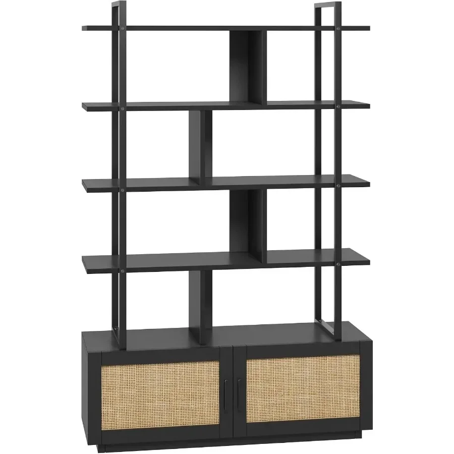 5-Tier Rattan Bookshelf with Storage Cabinet Door 71.1-Inch Tall Industrial Bookcase for Living Room Black Metal Frame Woven Ra - view 6