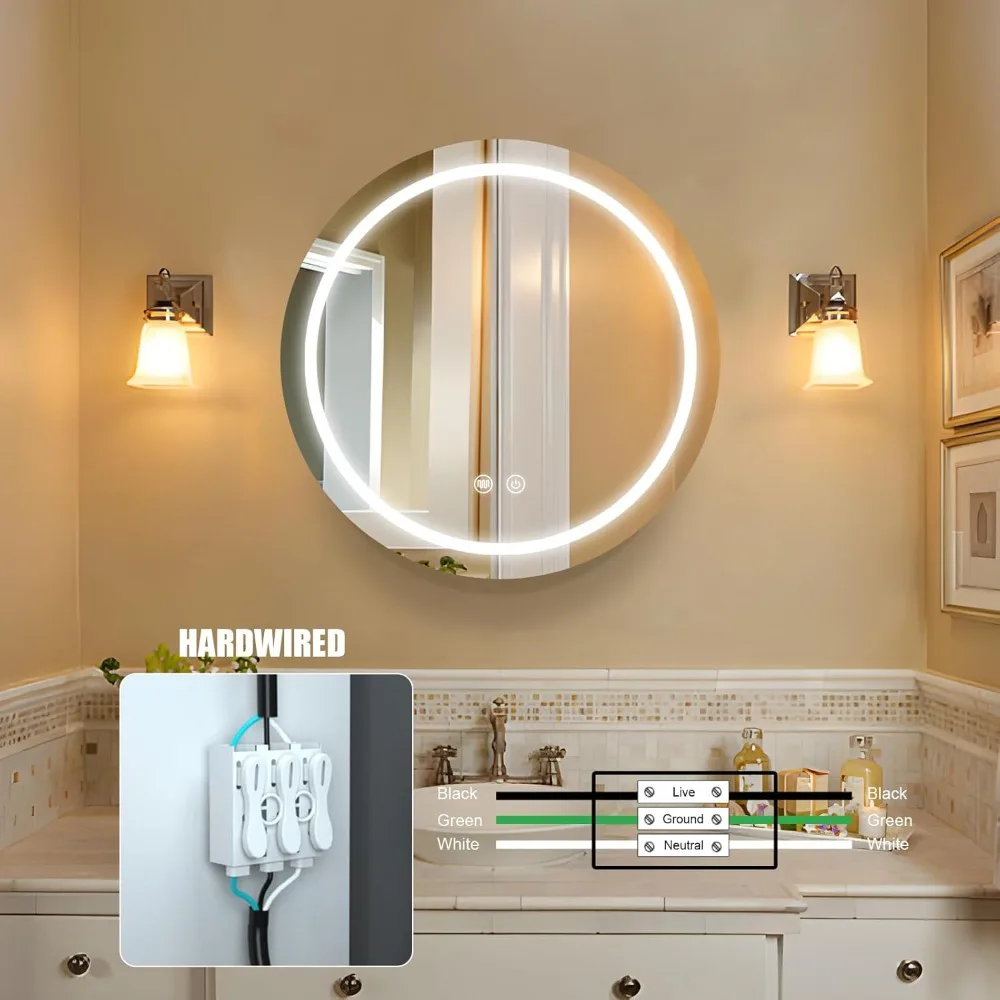 Round mirror cabinet, LED light mirror cabinet with defogger, bathroom lighting mirror cabinet, dimmable, anti-fog, 3 colors