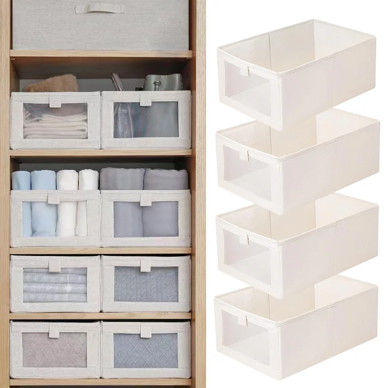 

4 Pack Linen Closet Organizers with Clear Window Foldable Storage Bins for Clothing Jeans Shelves Natural Fiber Fabric