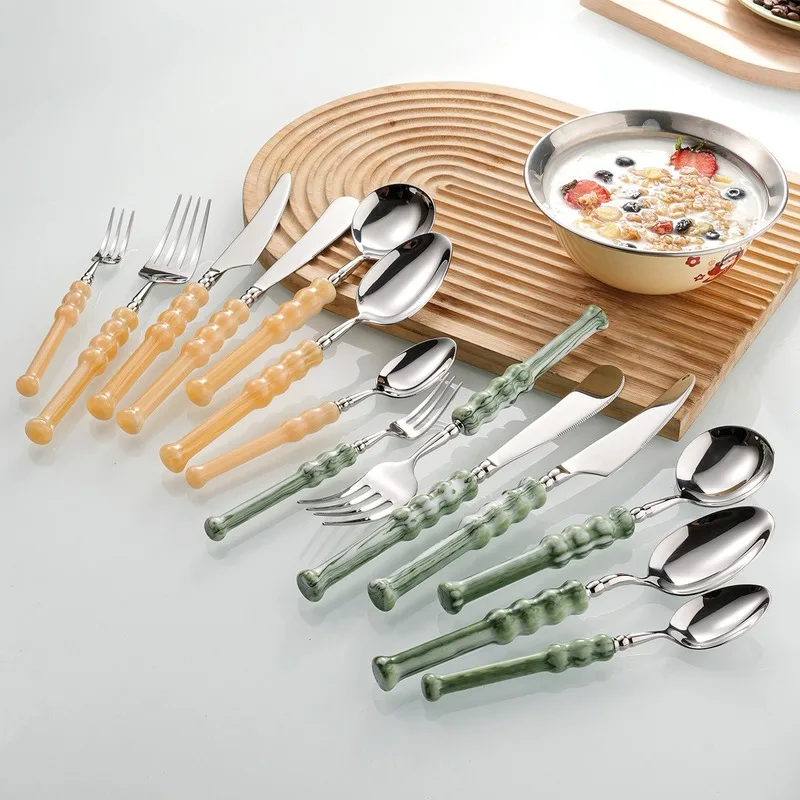 

New Resin Handle Cutlery French Style 18/10 stainless steel 304 Classical Flatware Dinnerware Set Silver Green Drop Shipping