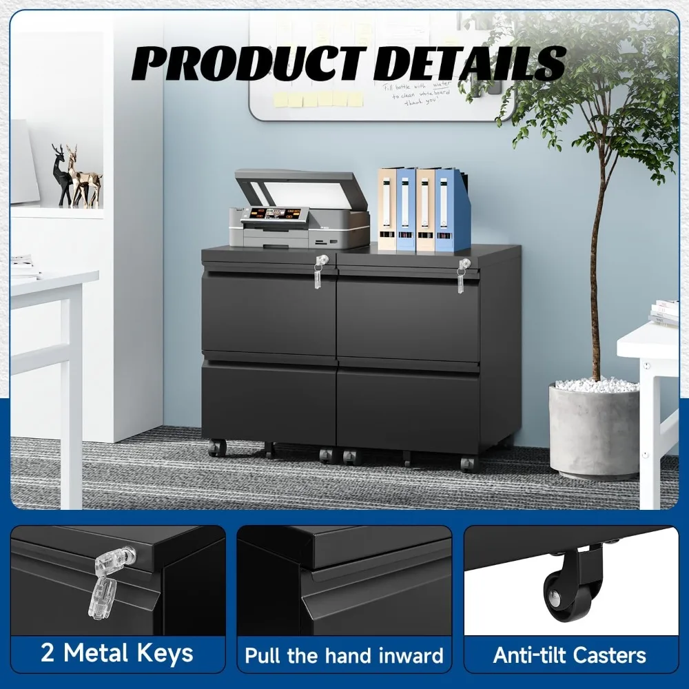 Small Lockable Mobile Under Desk Filing Cabinet - Black Vertical 2-Drawer File Storage for Home Office