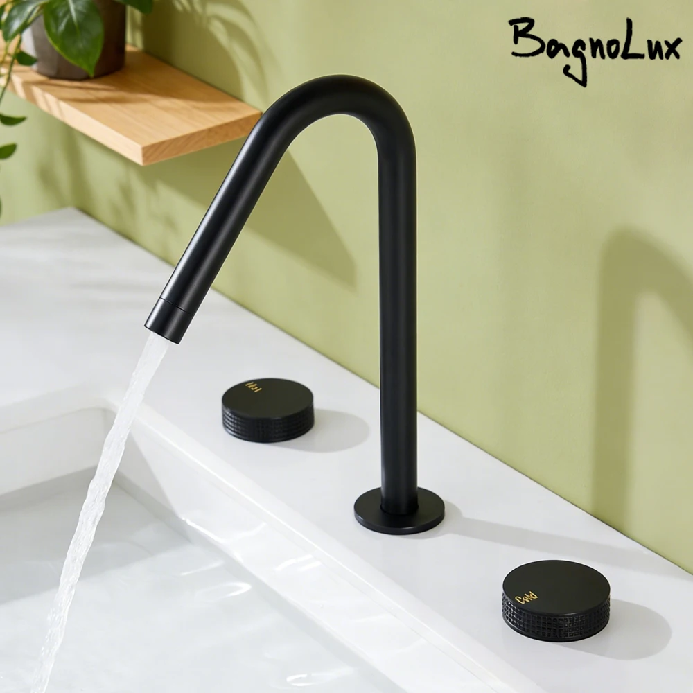 

Комплект из 3 смесителей для раковины: широкий излив, матовое золото, двойные ручки, для горячей и холодной воды, латунь, 3 отверстия