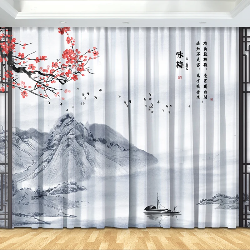 Japanese Curtain Chinese Landscape Curtain Peach Blossom Sunset Mountain Curtain for Bedroom Living Room Kitchen Window cortinas