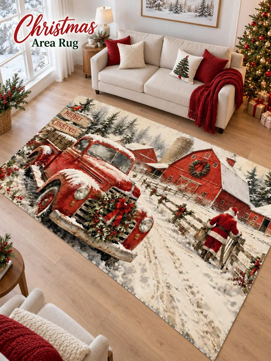 Christmas Rug Pickup Truck Barn Santa Living Room Bedroom Entryway Hallway Floor Carpet Gift for Family Friends Neighbors Winter Thanksgiving Birthday Anniversary Housewarming Apartment Cottage Home Styling Sofa Side Reading Nook Holiday Gathering