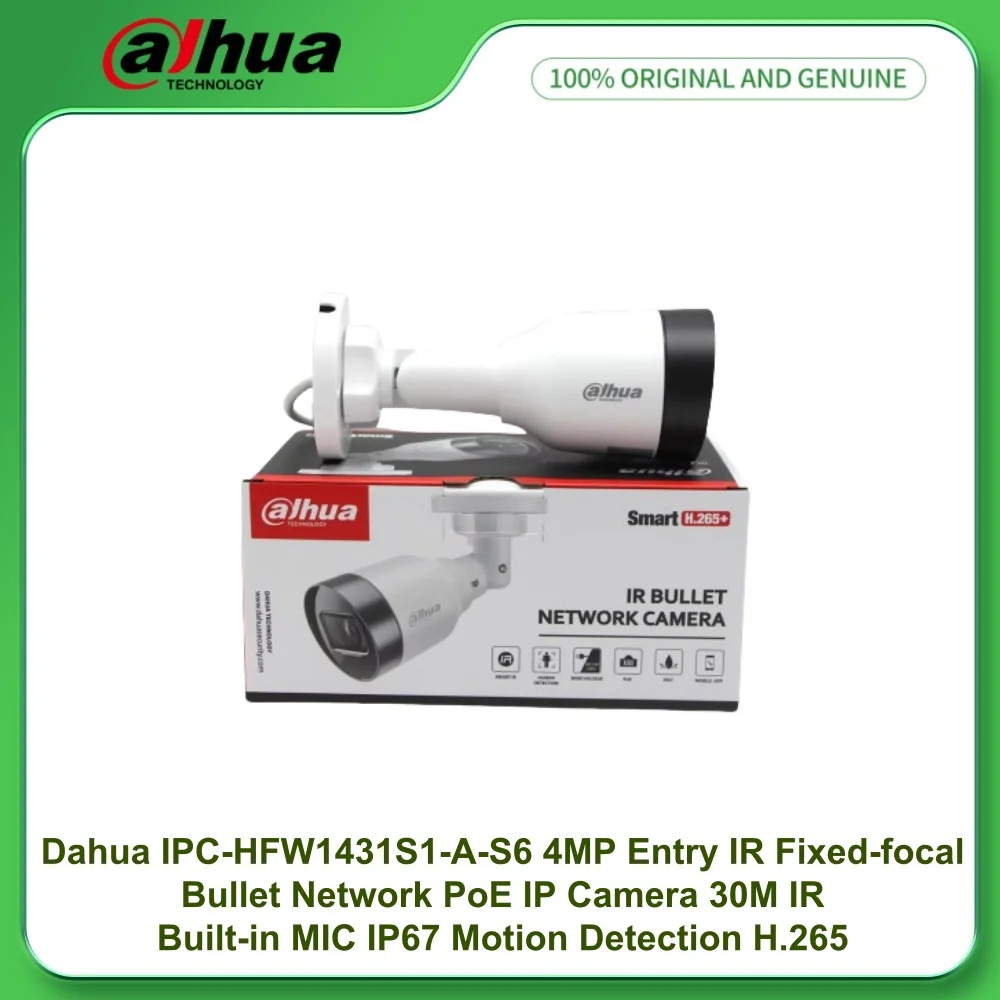 

Dahua IPC-HFW1431S1-A-S6 4-мегапиксельная входная ИК-камера с фиксированным фокусным расстоянием, IP-камера PoE, 30 м, ИК-встроенный микрофон, IP67, обнаружение движения H.265