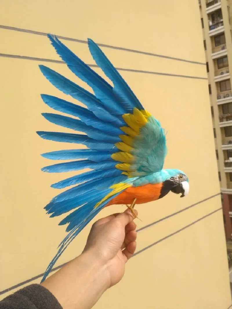 cute simulation blue&orange parrot toy plastic&fur wings parrot model gift about 45x30cm