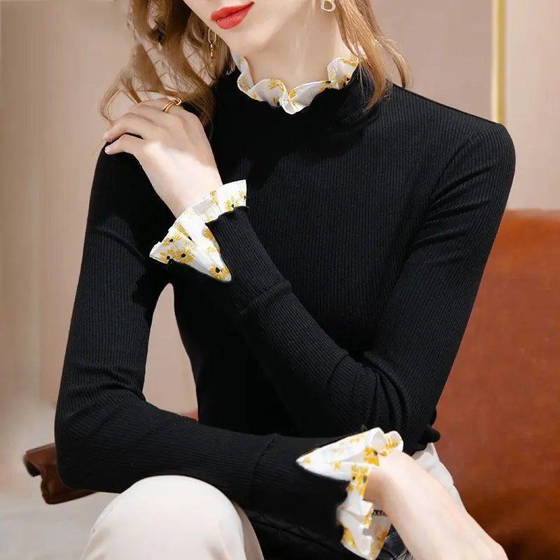 Add Velvet to Make You Look Slimmer Base Layer Shirt for Ladies Lotus Leaf Edge Top Collar Flared Sleeves T-shirt Trendy