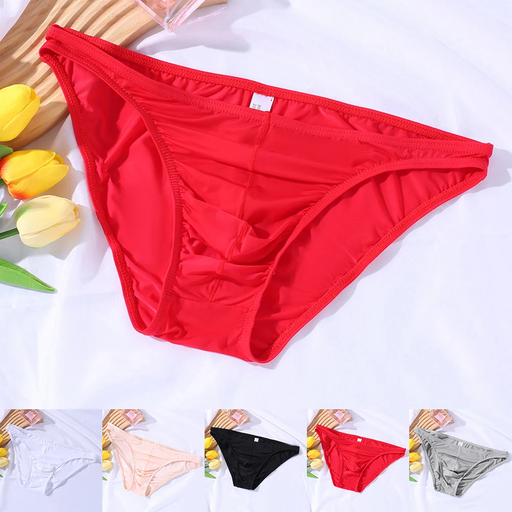 Breathable Underwear 2XL Mens Ice Silk Briefs Hotel Use Medium Stretch Polyester Fabric Solid Pattern Daily Use