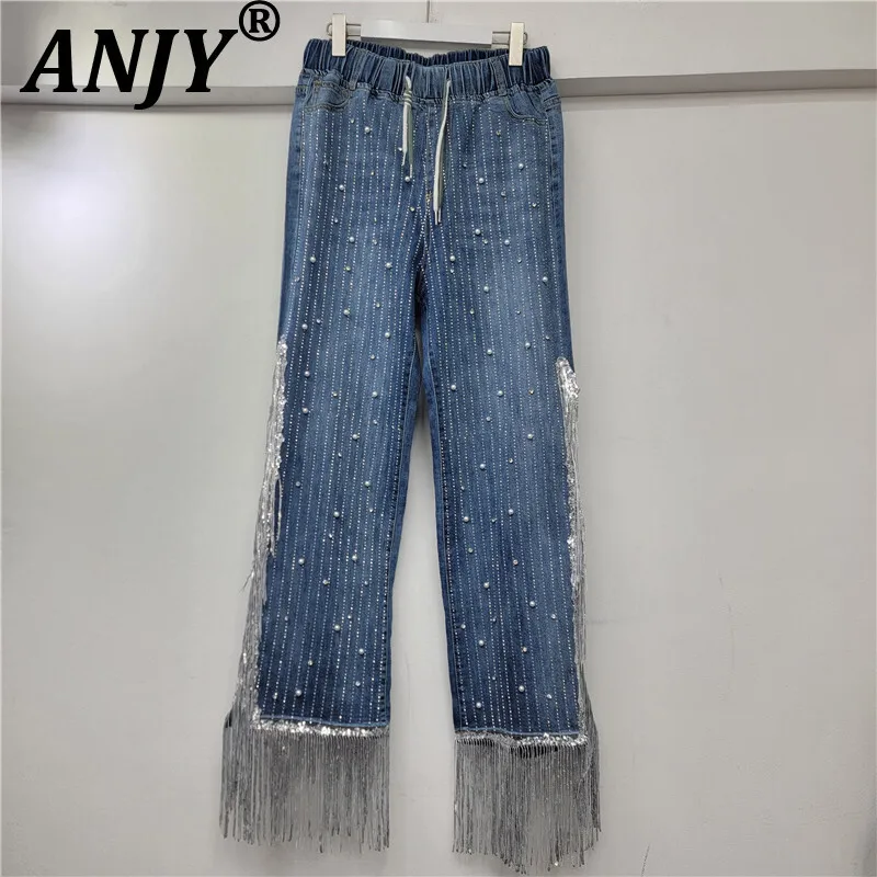 

ANJY Autumn New Women European Fashion Tassel Diamonds Straight Jeans Trendy Elastic Slimming Elegant Cropped Denim Pants A13847