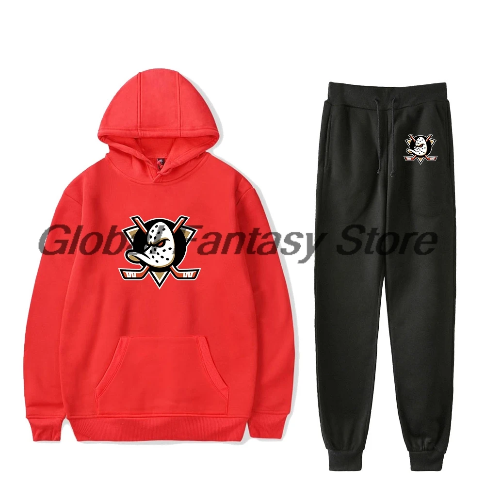 Merch Anaheim Ducks Team Logo Hoodie Jogger Pants Conjunto de duas peças Moletom + calça de moletom Conjuntos de roupas femininas e masculinas