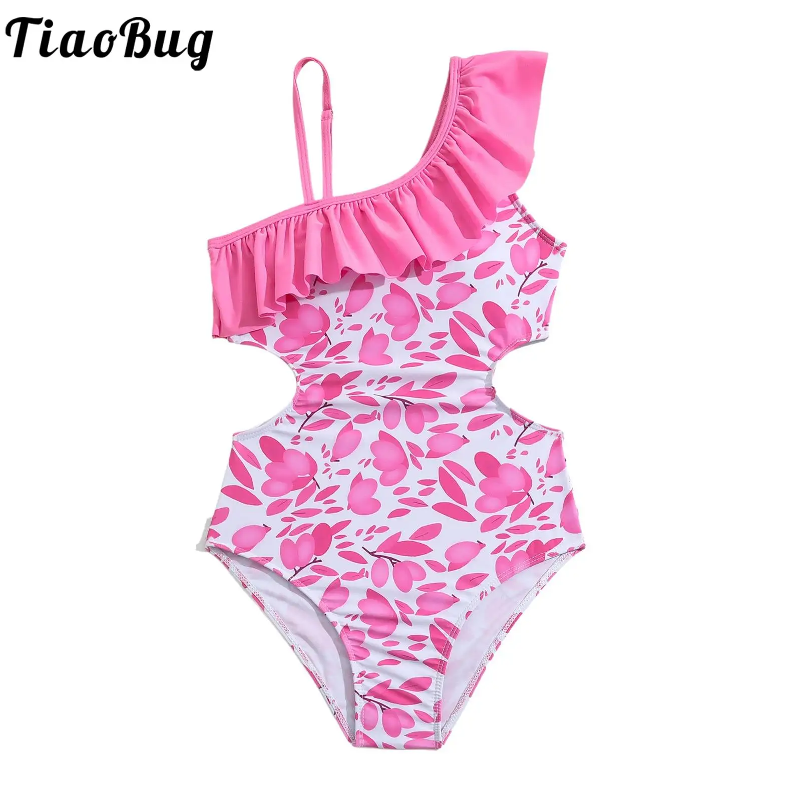 

Kids Girls One-piece Monokini Swimsuit Asymmetrical Shoulder Ruffle Cutout Print Swimwear Beachwear Pool Party Bathing Suit