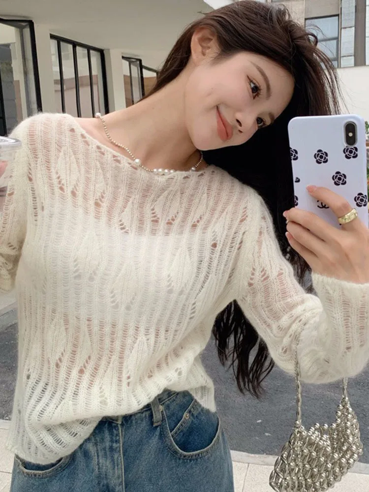 LANMREM Hollow Wool Knitted Pullover For Women 2024 Autumn New Light Thin Style Long Sleeves Sweater Female Fashion Top 2DA6815