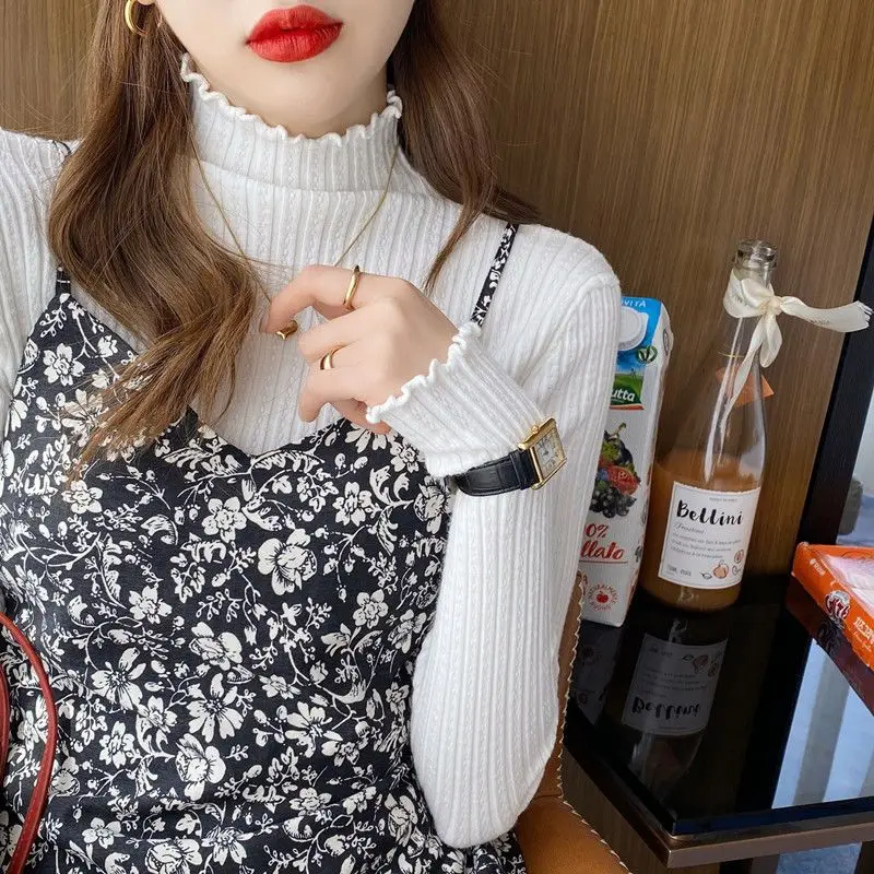 Women Clothing Chic Stringy Selvedge Solid Knit Pullovers Autumn Winter Elegant Fashion Slim Long Sleeve Sweaters Sweet Pullover