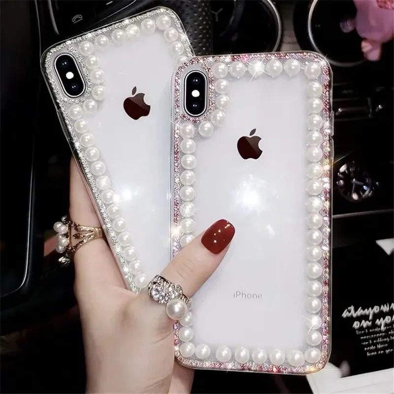 Transparent Soft Silicon Phone Case, Glitter Bling, Pearl Clear, for iPhone 16Pro max 15Plus, 14, 11, 12, 13 Pro, Diamond Cover