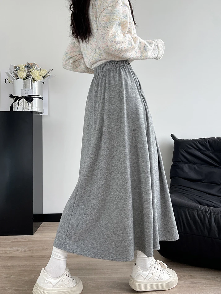 Gray Sports Skirt for Women 2024 Spring High Waist Slim A-line School Skirts Korean Women's Summer Skirt Elegant Long Bottoms