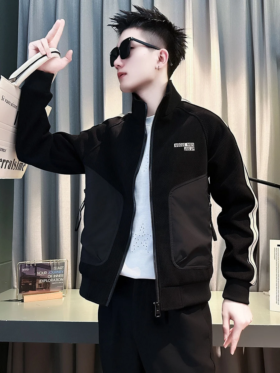 

Spring Autumn Stripe Men's Jaet Casual Trendy Versatile Top New 2025 Faion Outerwear Polyester Slim Fit Zipper Closure