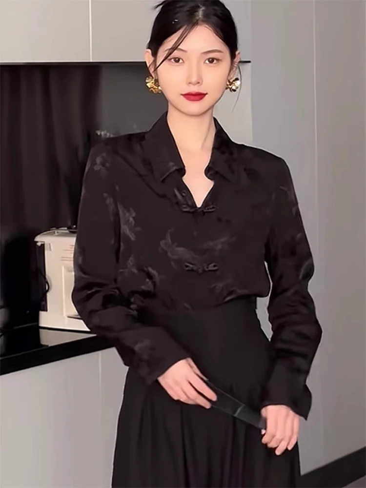 

Черная женская рубашка-базовый слой для многослойной одежды, весна-лето-осень-зима, новый китайский стиль, легкий национальный тренд, ретро B...