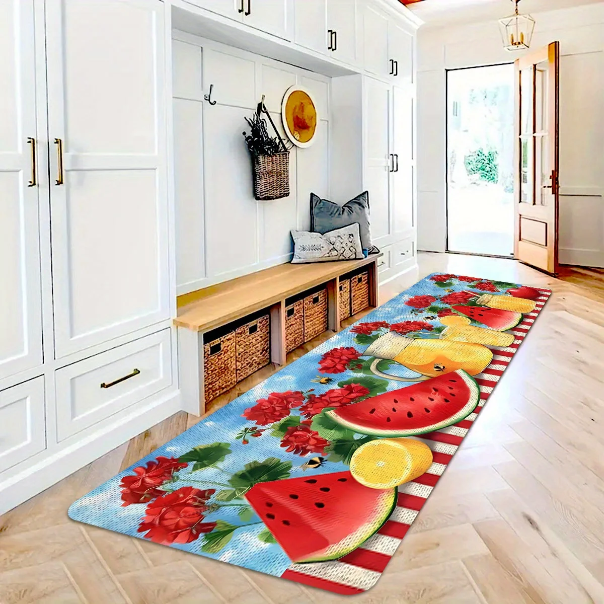 Summer Sweet Lemonade Watermelon Kitchen Runner Rug Set, Life is Sweet Flower Bee Fruit Non-Slip Absorbent Floor Mats Entryway