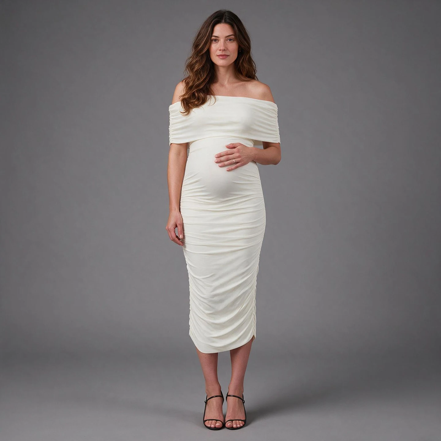 Off-Shoulder Ruched Body Maternity Dress for Baby Shower Pregnancy Dress