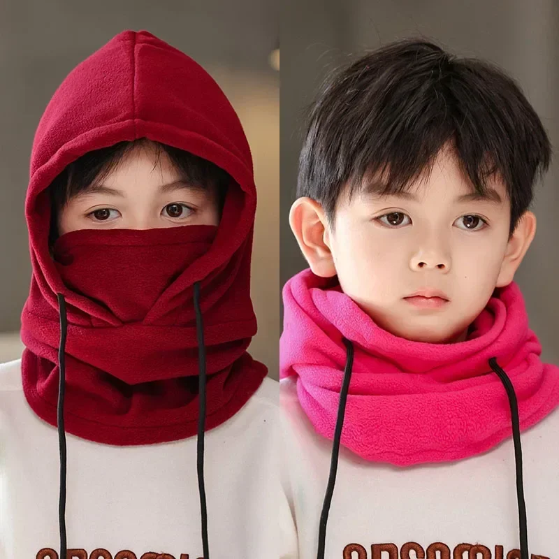 Warm Fleece for Children Boy Girl Winter Face Mask Neck Warmer Hooded Cap Windproof Thermal Head Cover Beanies Bandana