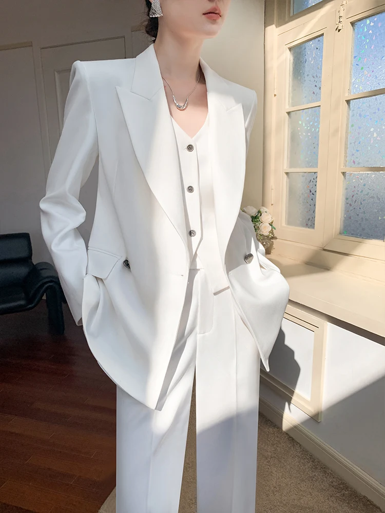 

Белый костюм, женский повседневный комплект Ele Godd Sle Profional, высококачественный полиэстер, подходящий для поездок на работу, оригинальный дизайн, облегающий крой