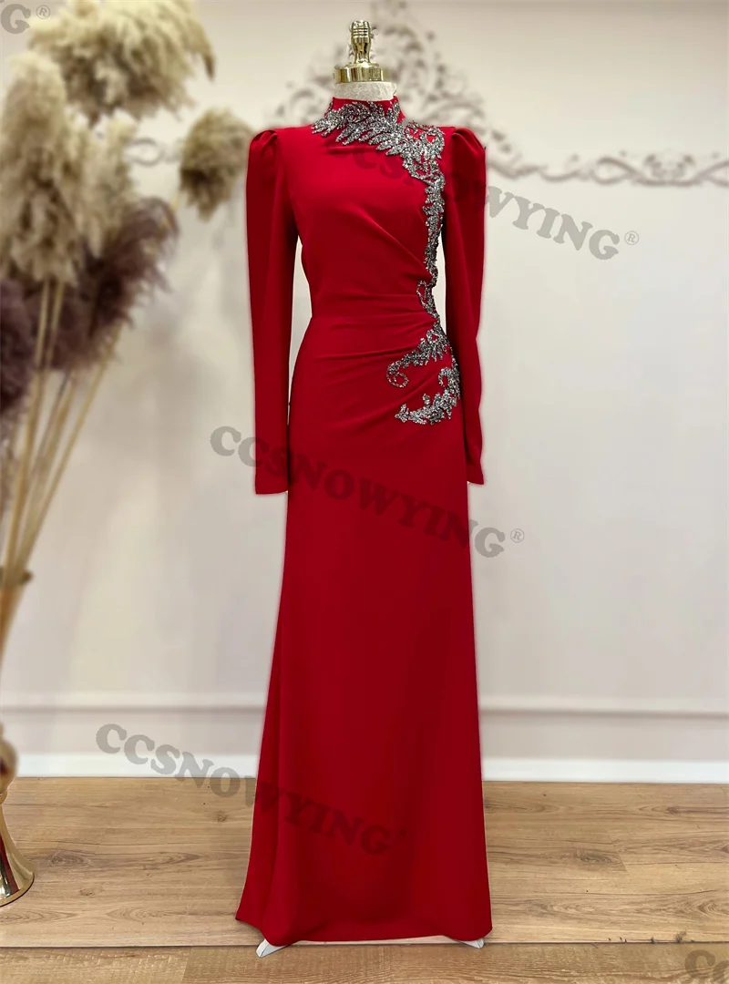 

Satin Appliques Beaded Muslim Evening Dresses Long Sleeve Islamic Formal Party Gowns High Neck Women Arabic Robes De Soirée