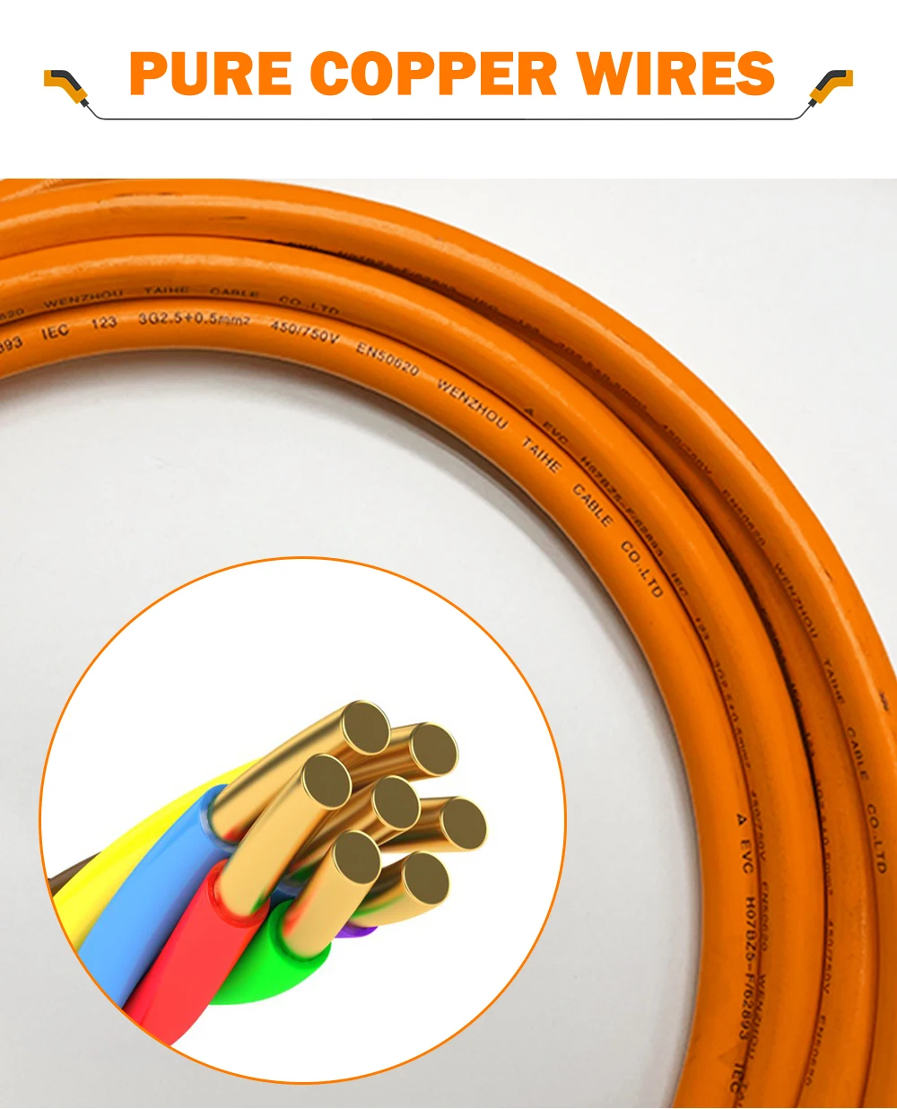 Cargador EV de tipo 2 a tipo 1 o tipo 2, de 3kW Cable naranja, 16A, 5M, portátil para pistola de carga de vehículos eléctricos, 1 fase