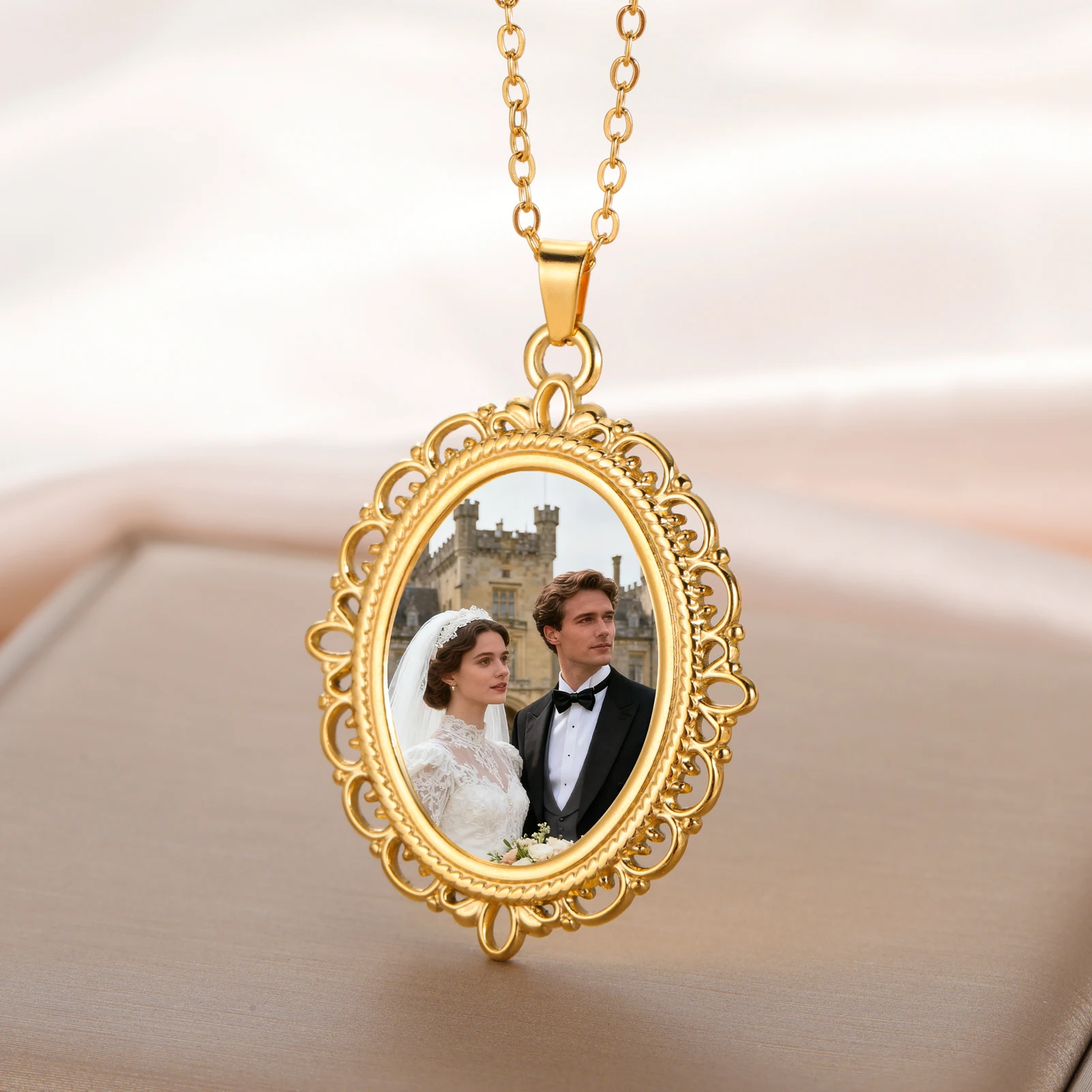 COOLTIME Custom Photo Necklace Stainless Steel Elliptical Personalized Picture Pendant Neck Chain Wedding Gifts