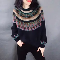 Round neck black knitted sweater winter new casual ethnic style versatile sweater for women