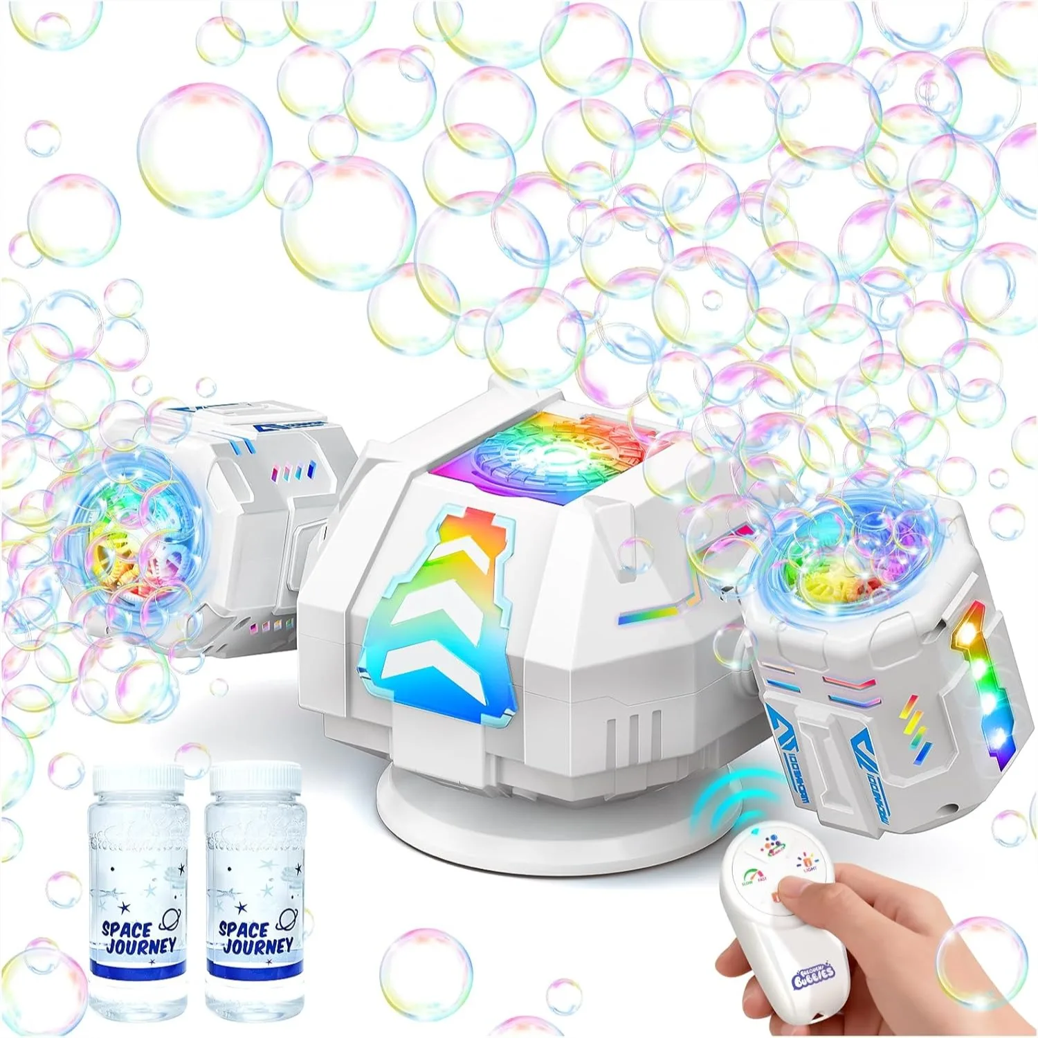 

RC Bubble Machine with 360° Dual-Head Rotation & RGB Lights, 30000+ Bubbles Per Minute, Rechargeable Bubble Blower for Kids