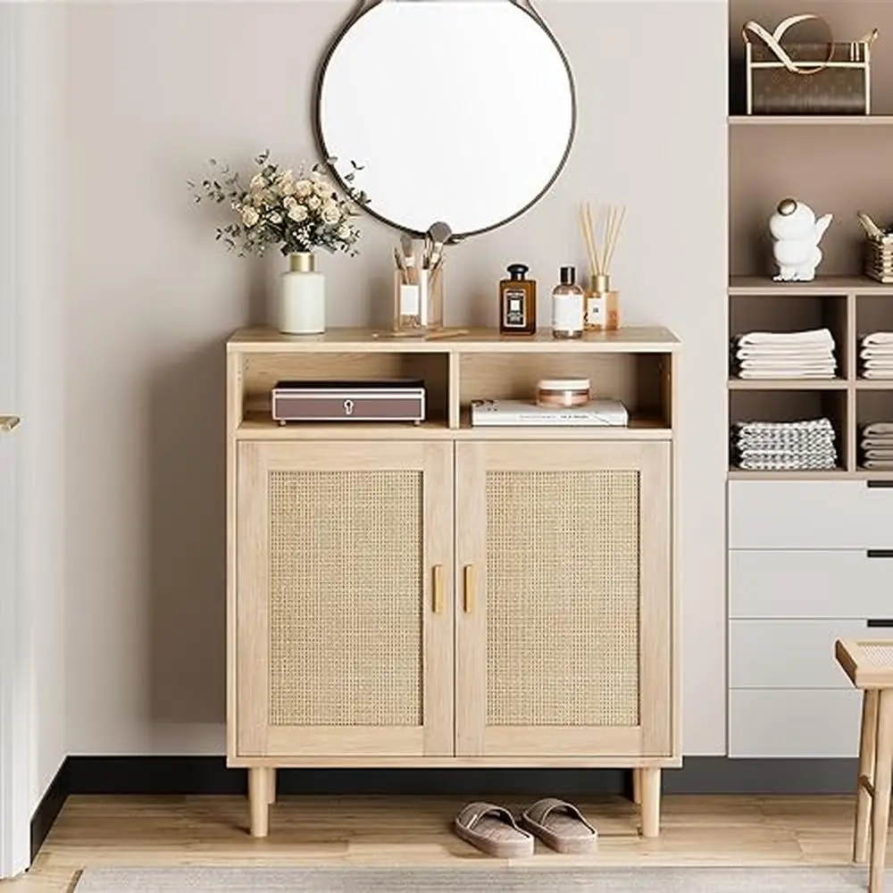 Modern Rattan Sideboard Buffet Cabinet 2 Doors/Shelf Accent Table Living Room Entry Hallway Storage