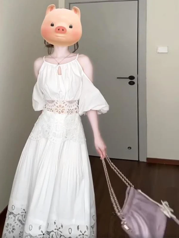 

Stunning Summer New Arrival Lace Hollow out White Top A-Line Skirt Set Women's Faionable Vaion Sle Gentle Elegance