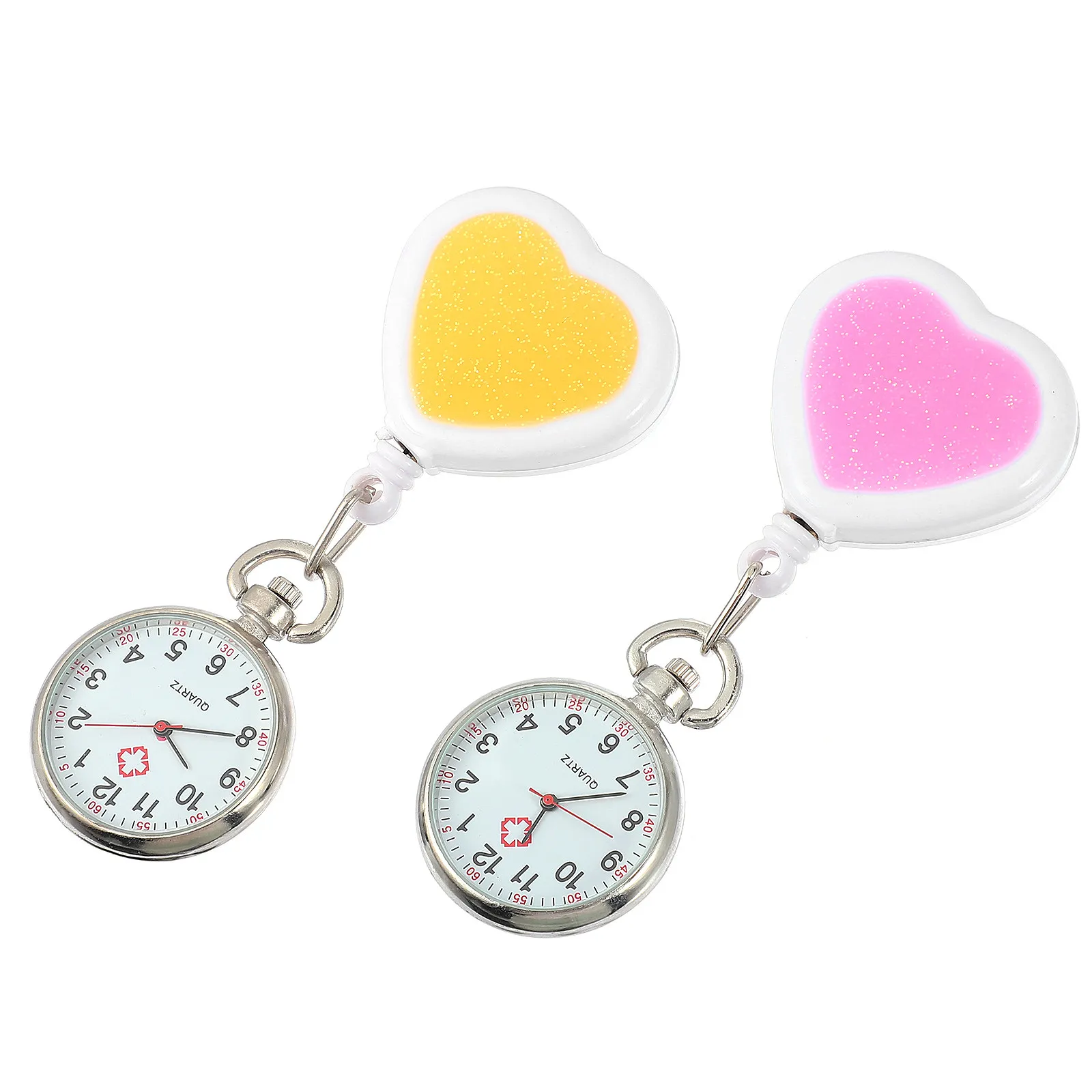 2Pcs Peach Heart Hanging Pocket Watch Retractable Chest Watch for Nurse Doctor Student Lovely Decorative Timepiece Nursing Gift