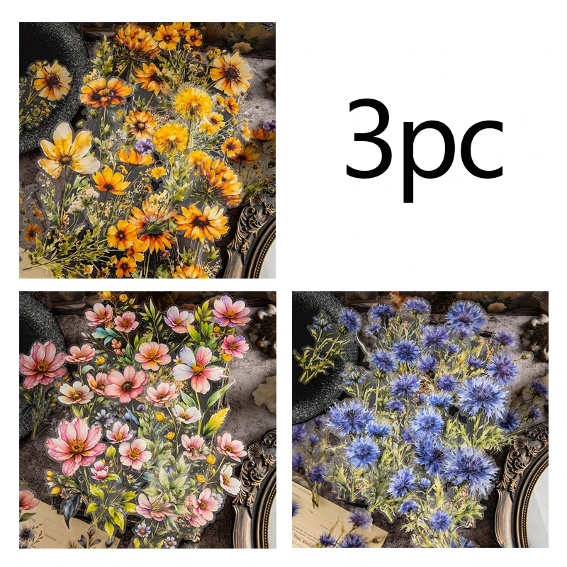 3 قطع من ملصقات الزهور الملونة، مصنوعة من مادة PET المقاومة للماء، مناسبة لتزيين القرطاسية والمذكرات وسجلات القصاصات وما إلى ذلك