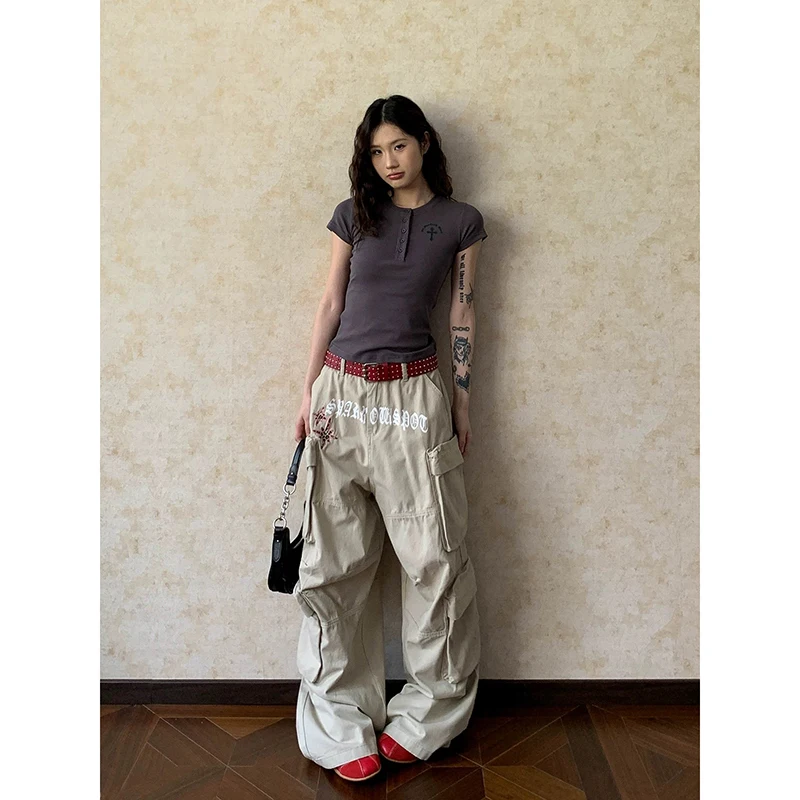 ZHIZOU Women's Gothic Apricot Cargo Jeans Harajuku Y2k Baggy Denim Trousers Aesthetic Style Pants Vintage 2000s Trashy Clothes