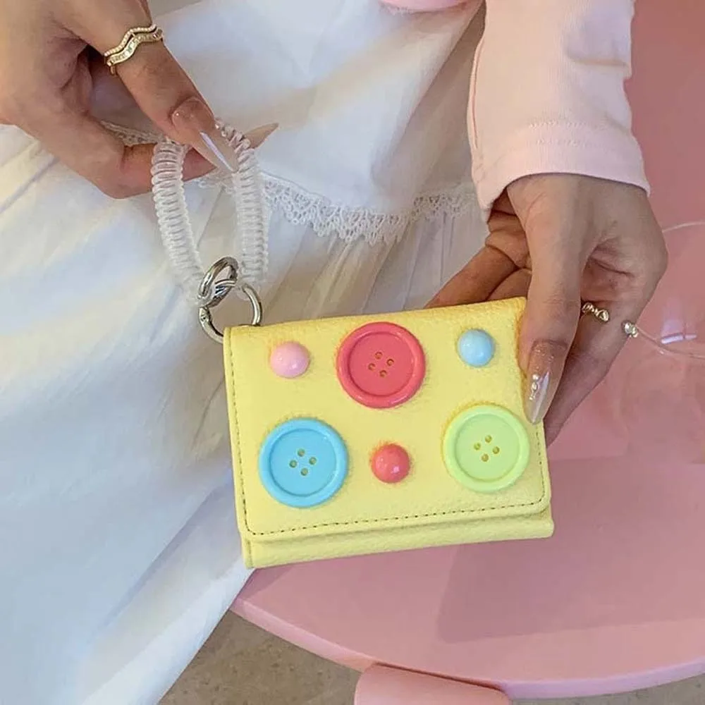 Large Capacity Dopamine Color Wallet Anti Lost Spiral Strap Button Mini Purse Macaron Shade Snap Closure Tri-fold Card Holder