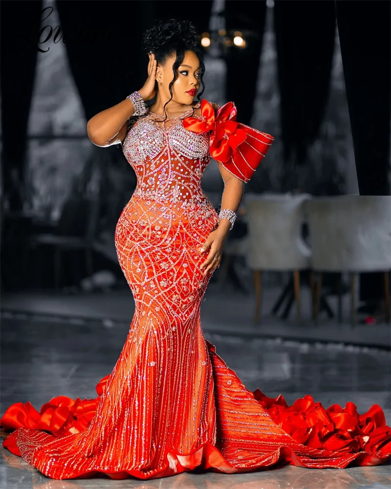 Plus Size Red Mermaid Prom Dresses Beaded Crystals Sequined Evening Party Second Reception Birthday Engagement Celebrity Dresses