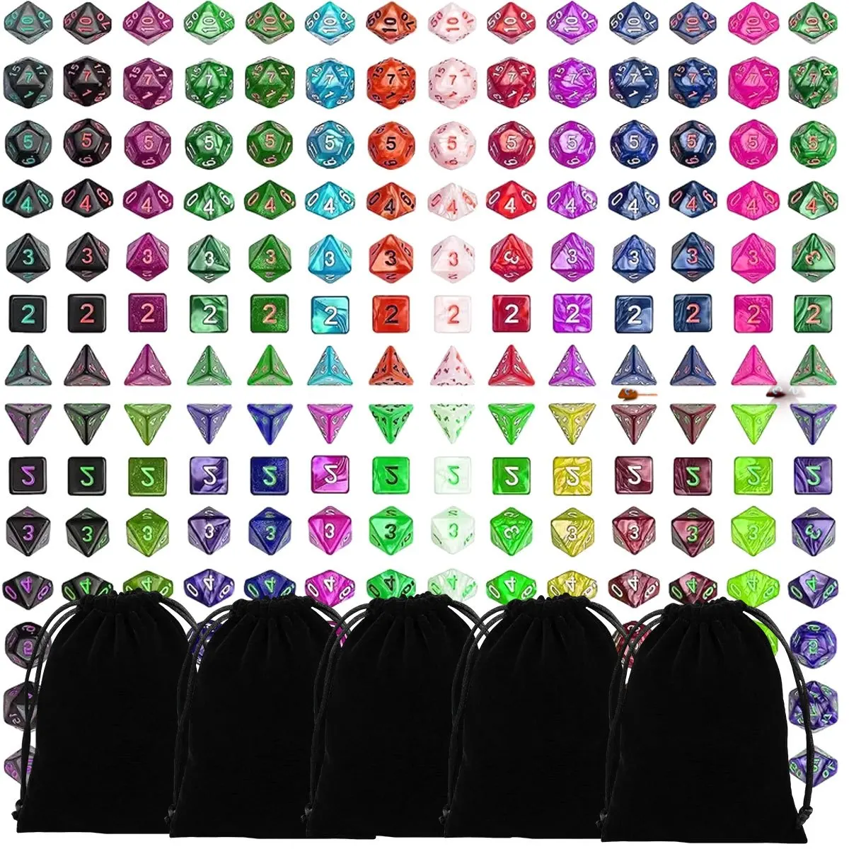 35-teiliges Polyeder-Würfelset für DND - Schwarzer Beutel mit Farbcodierten Würfelfächern, RPG/D&D Tischspiel-Zubehör ZSY