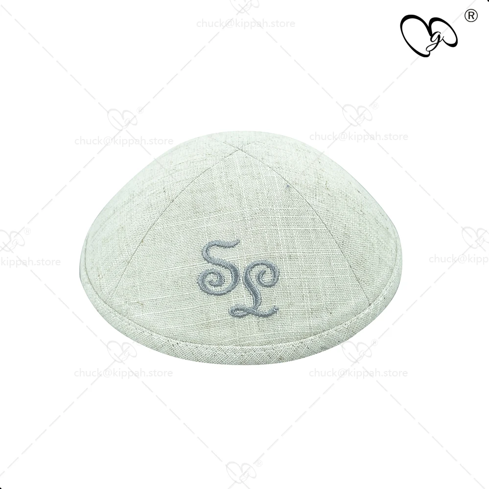 50 beige linen kippas with grey embroidery from kippa factory