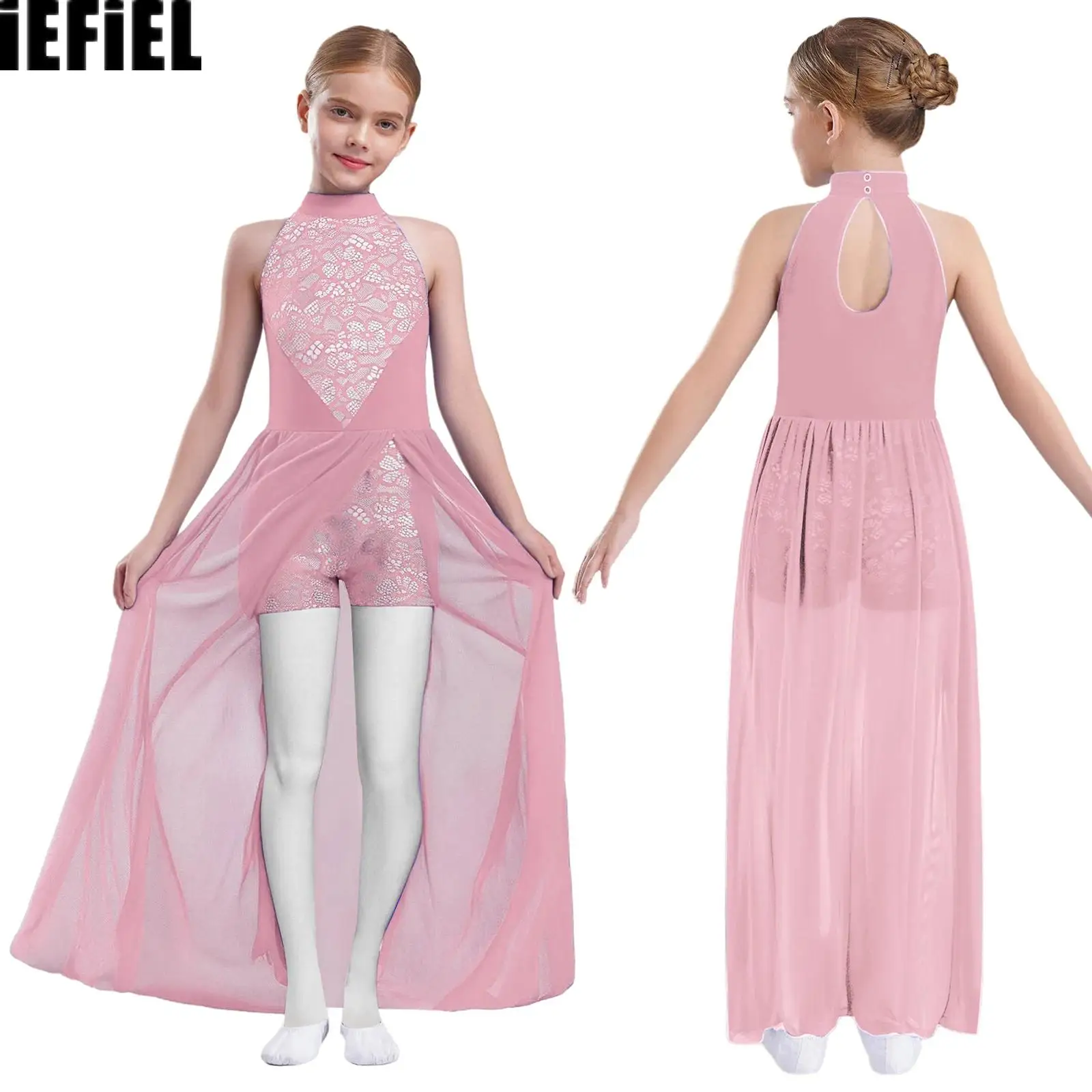 

Kids Girls Lyrical Dance Dress Halter Press Buttons Leotard Jumpsuit with Flowy Mesh Overlay for Lyrical Competitions Classes